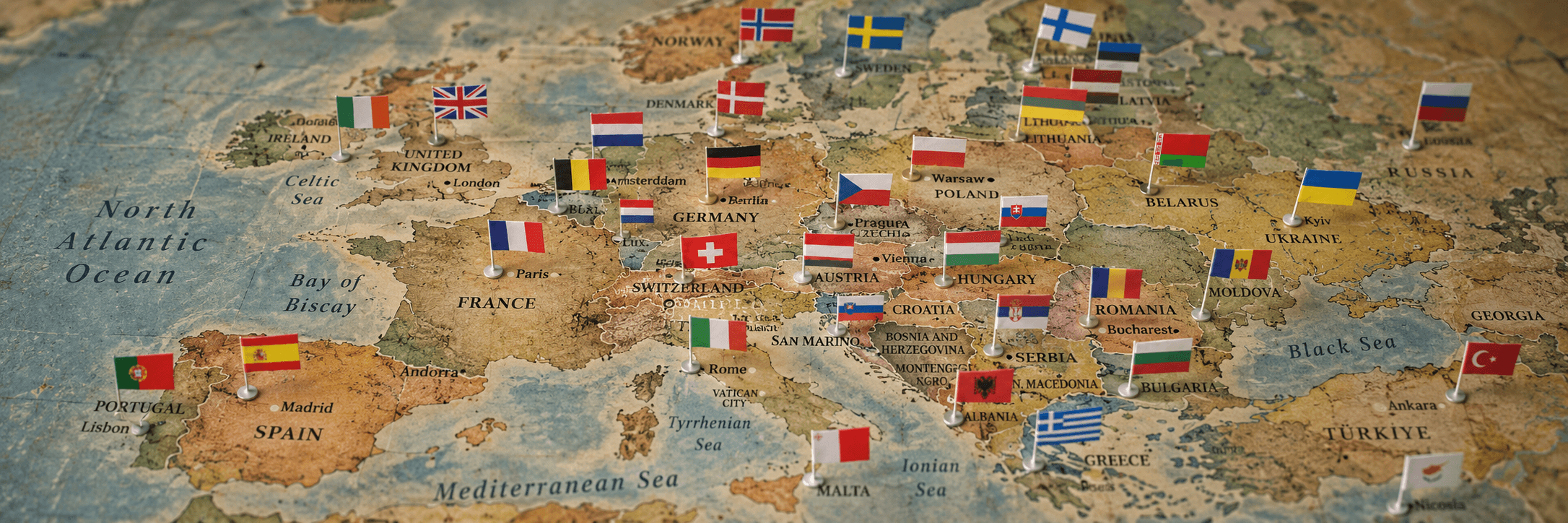 European map with national flag pins marking countries across the continent.