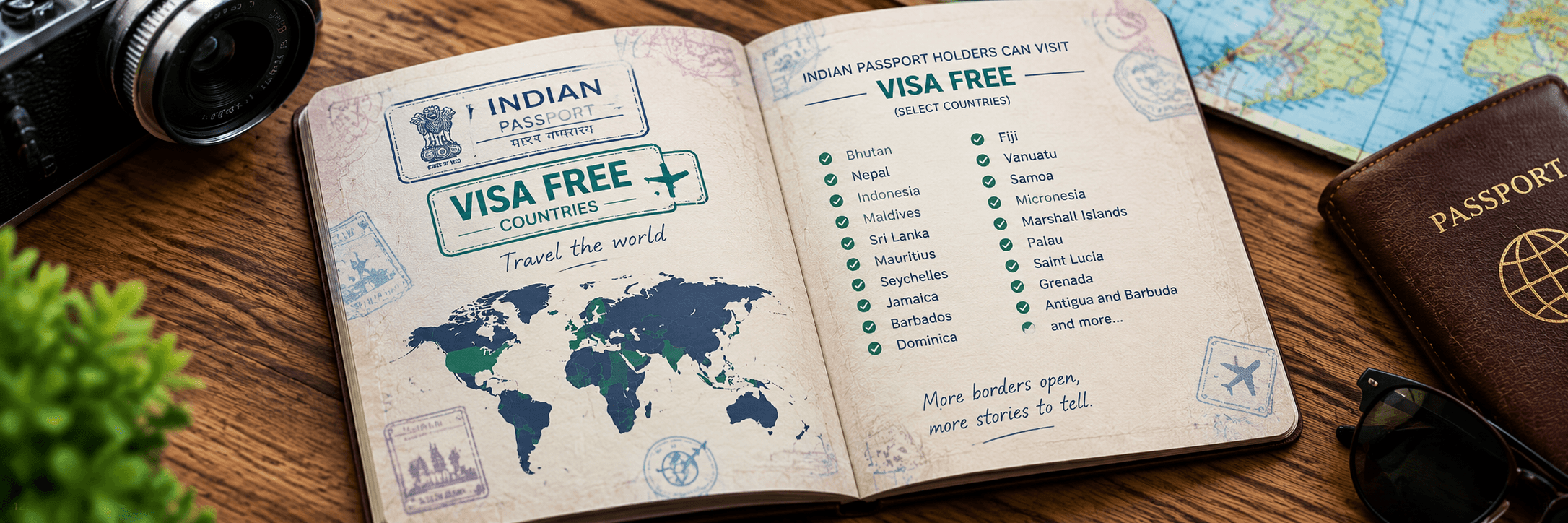 Indian passport placed beside a boarding pass and world map with iconic visa-free destinations, representing countries Indian passport holders can visit without a visa in 2026.