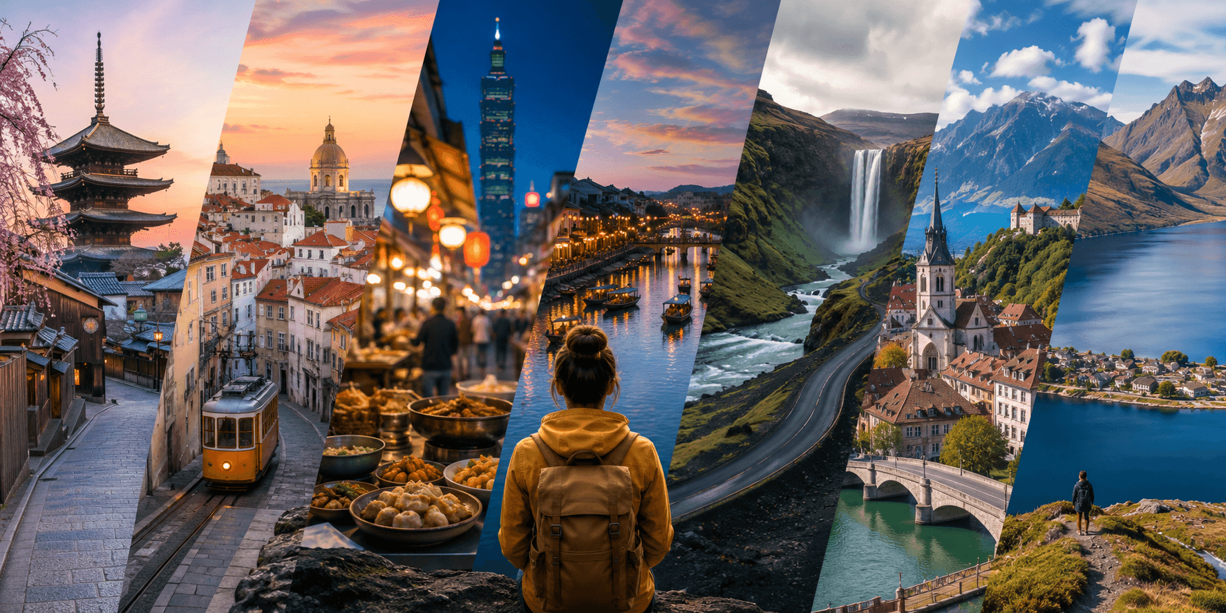 A solo traveler looks toward a world of unforgettable destinations, symbolizing the freedom, adventure, and self-discovery that come with exploring the world alone.