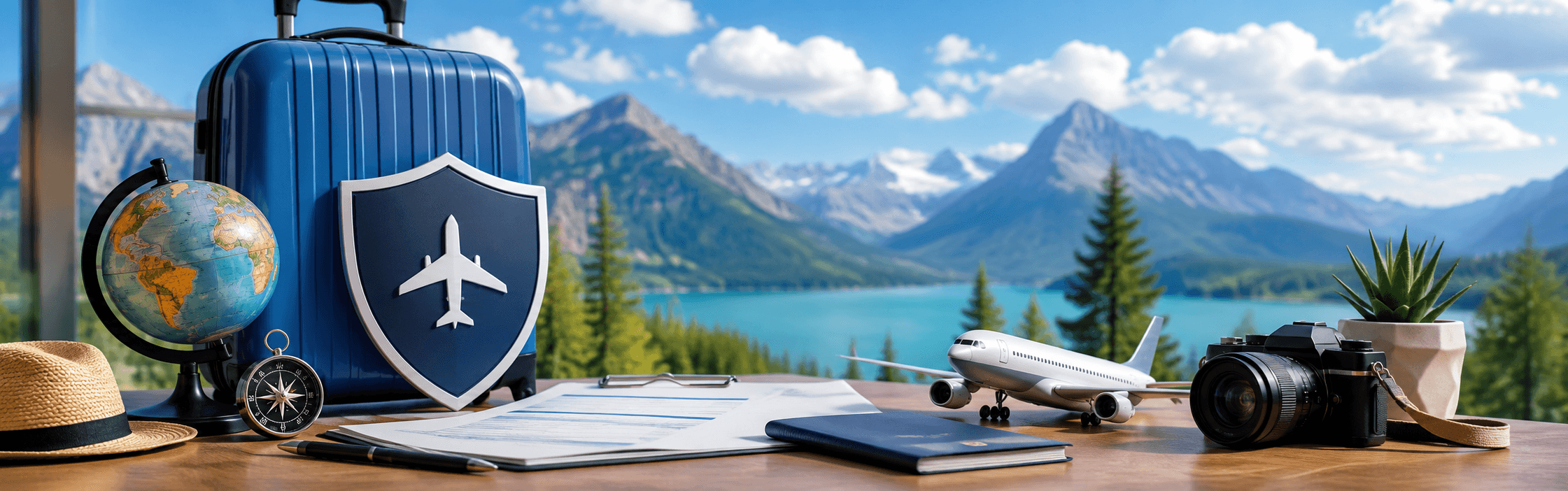 Travel insurance guide thumbnail featuring a suitcase, passport, airplane, and travel protection shield