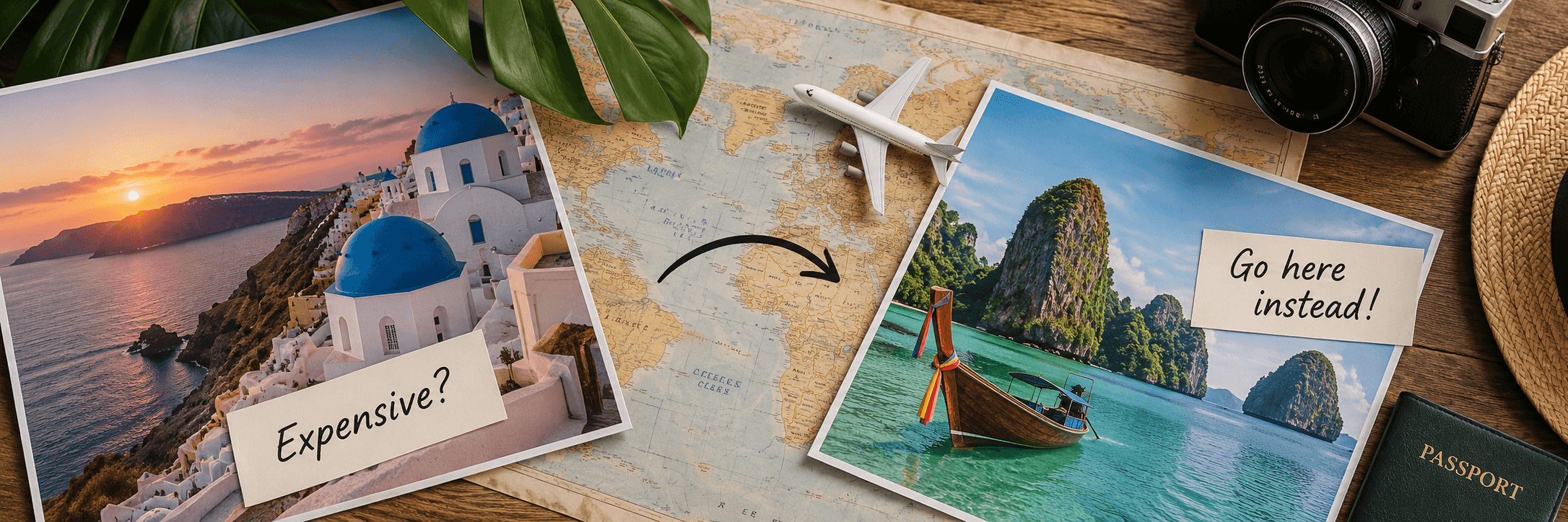 Travel destination dupe concept comparing an expensive Santorini-style destination with an affordable tropical alternative on a world map.