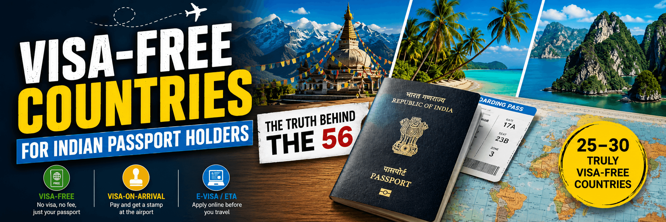 Indian passport placed beside a boarding pass and world map with iconic visa-free destinations, representing countries Indian passport holders can visit without a visa in 2026.