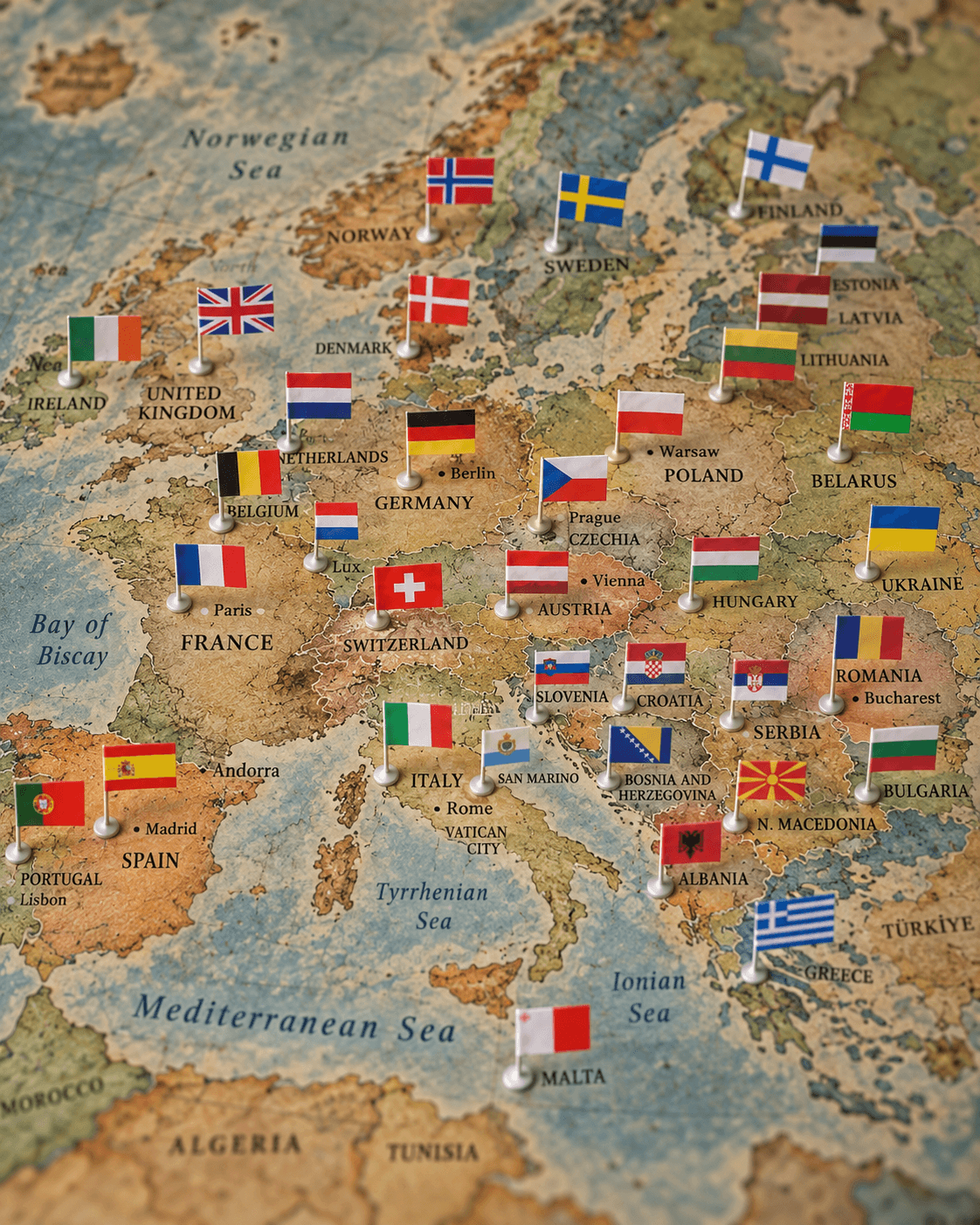 European map with national flag pins marking countries across the continent.