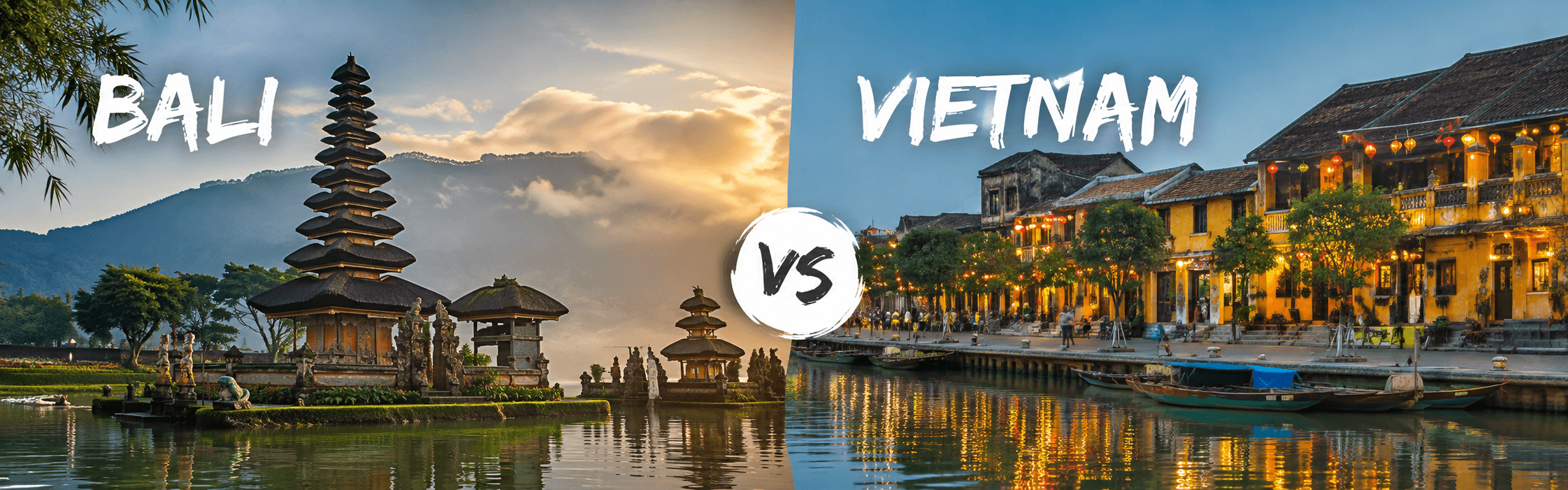 Bali temple gate overlooking a misty mountain beside the turquoise limestone islands of Vietnam