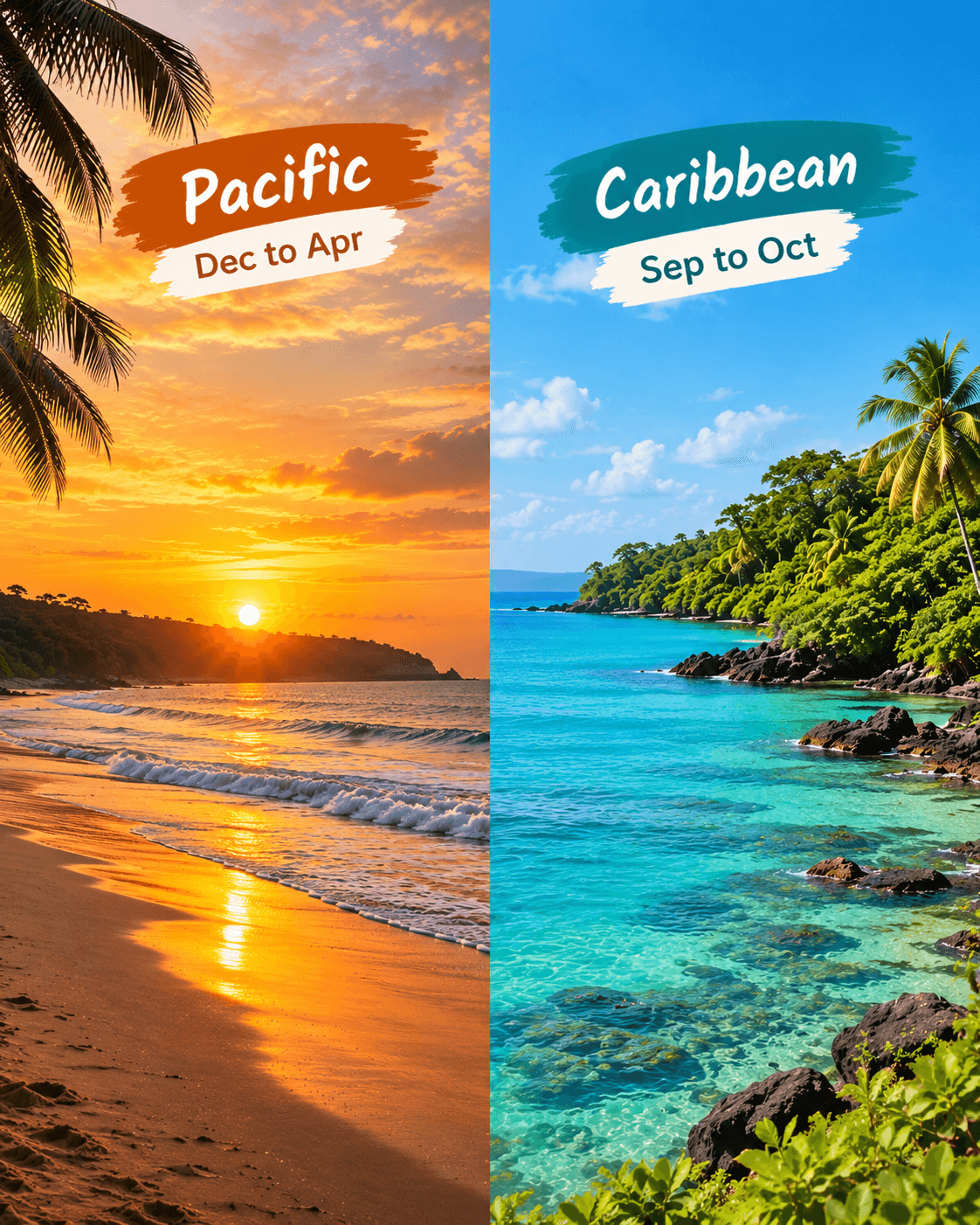 Split-screen Costa Rica coast showing a golden Pacific sunset beach on the left and a turquoise Caribbean shoreline with lush jungle on the right.