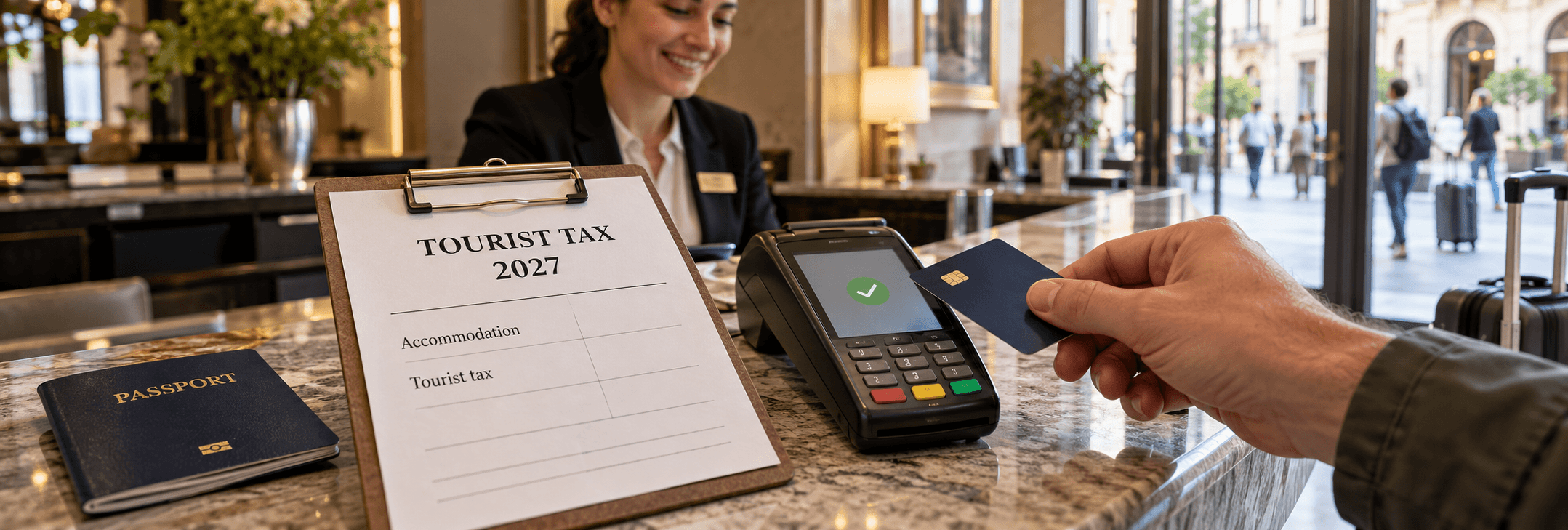 Passport, bank card, coins, tourist tax receipt and phone showing payment confirmation, with Paris and Venice landmarks in the background.