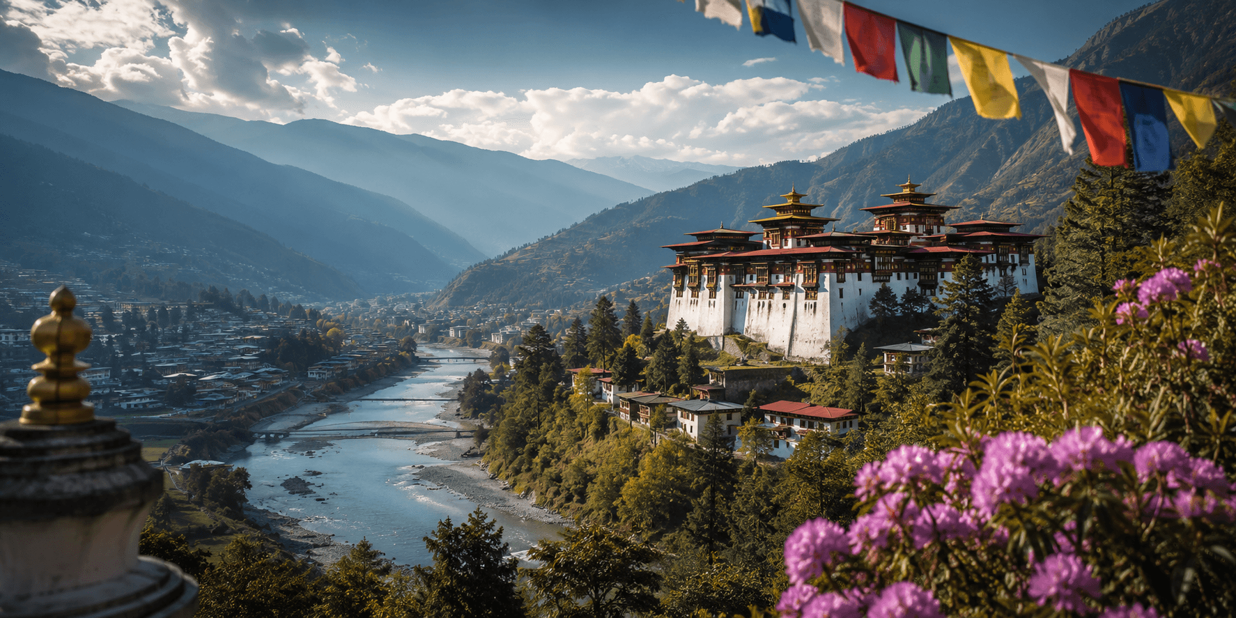 A panoramic view of Bhutan's Himalayan landscape, where centuries-old dzongs, prayer flags, and untouched valleys reflect the country's unique approach to preserving culture, nature, and sustainable tourism.