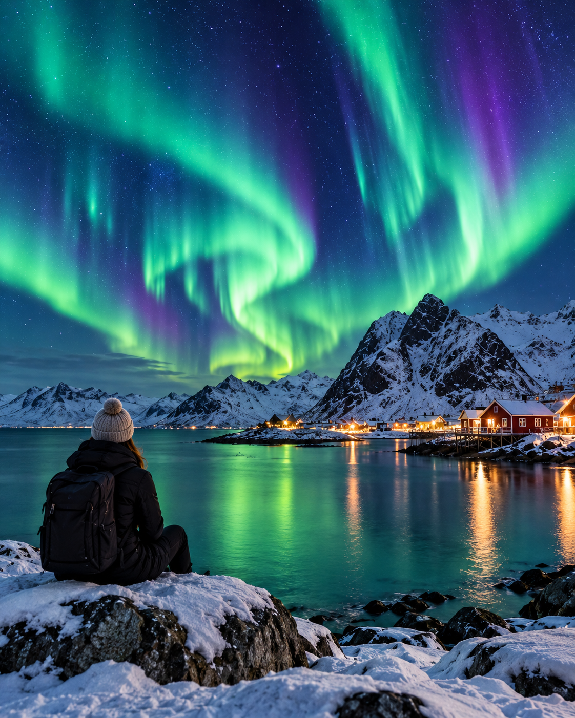 Northern Lights over a snowy Arctic landscape.