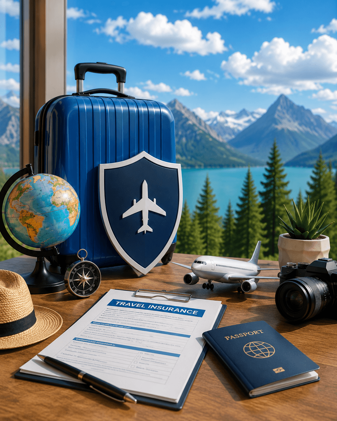 Travel insurance guide thumbnail featuring a suitcase, passport, airplane, and travel protection shield
