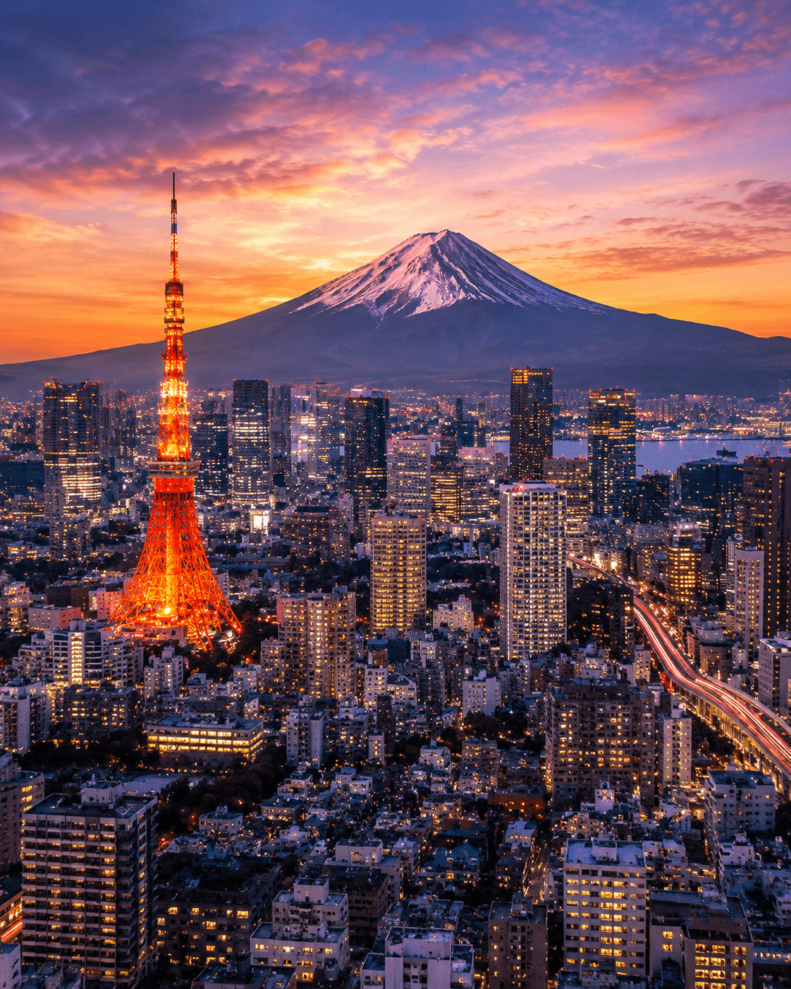 Tokyo skyline at sunset with Tokyo Tower and snow-capped Mount Fuji in the background.