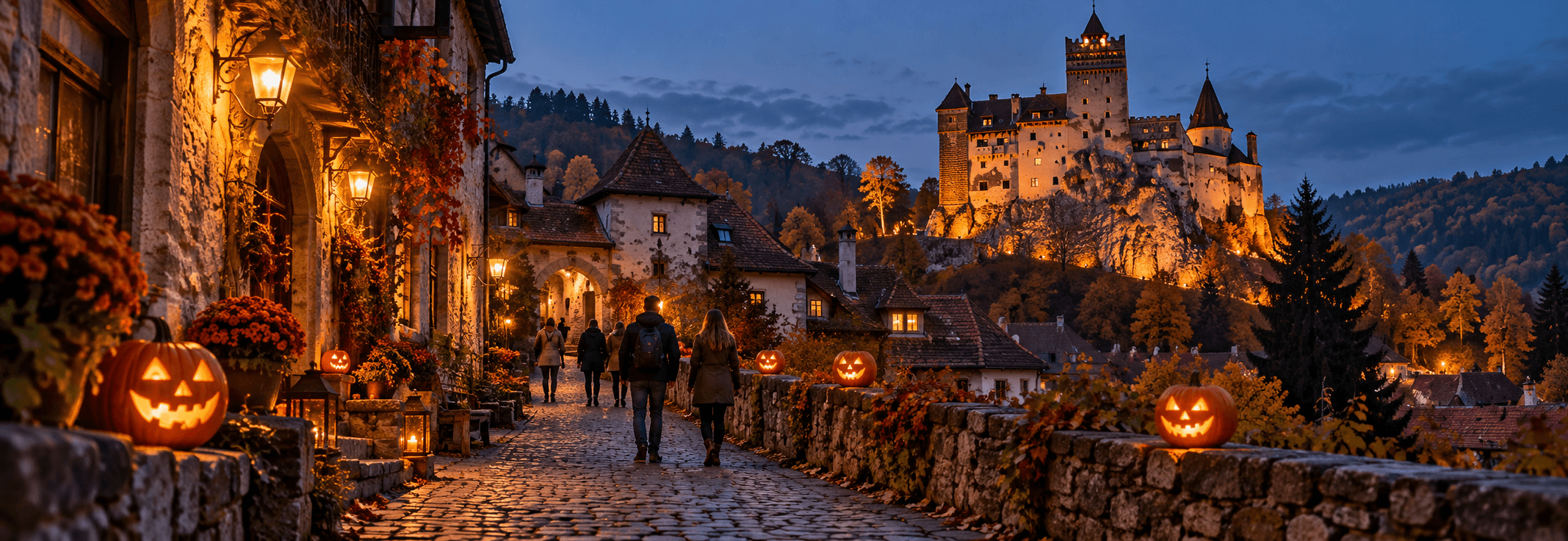 Illuminated castle at dusk, framed by autumn trees, with travellers and glowing Halloween pumpkins beside a stone path.