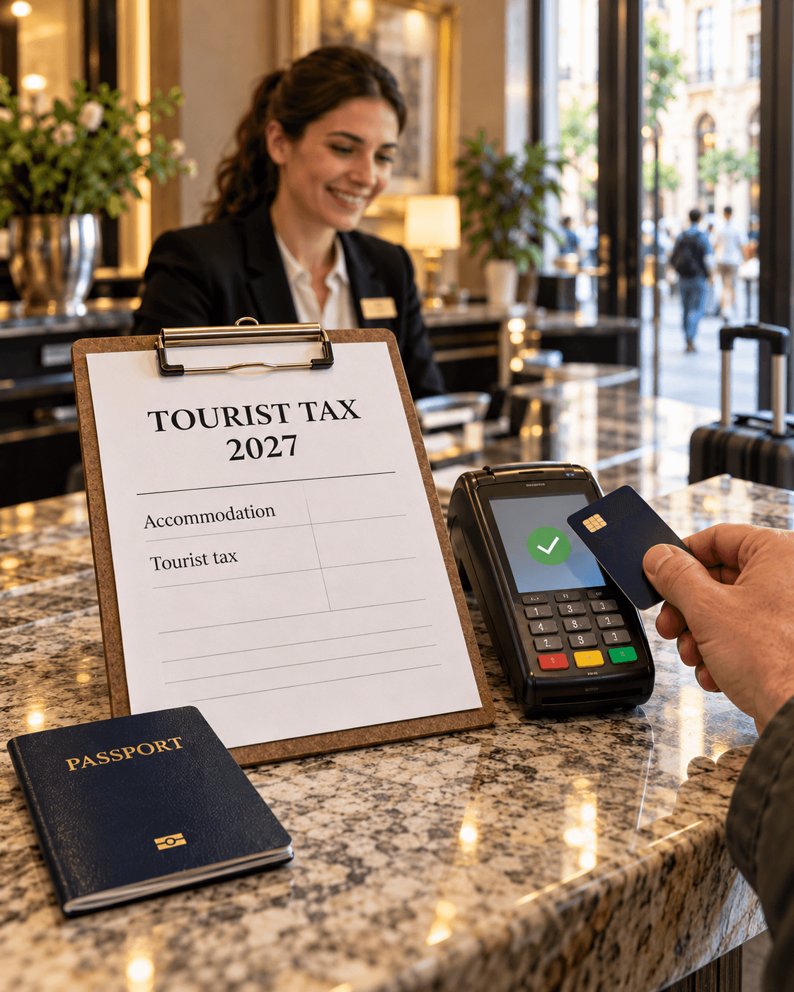 Passport, bank card, coins, tourist tax receipt and phone showing payment confirmation, with Paris and Venice landmarks in the background.
