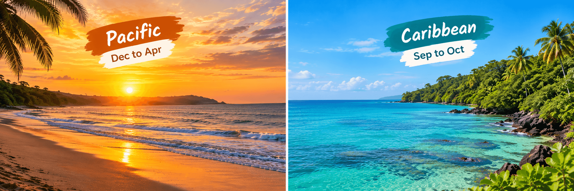 Split-screen Costa Rica coast showing a golden Pacific sunset beach on the left and a turquoise Caribbean shoreline with lush jungle on the right.