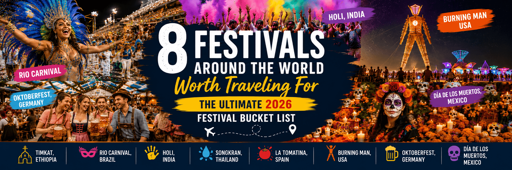 "Collage showcasing iconic festivals around the world, including Rio Carnival, Holi, Burning Man, Oktoberfest, and Día de los Muertos, highlighting the best global festivals to experience in 2026."