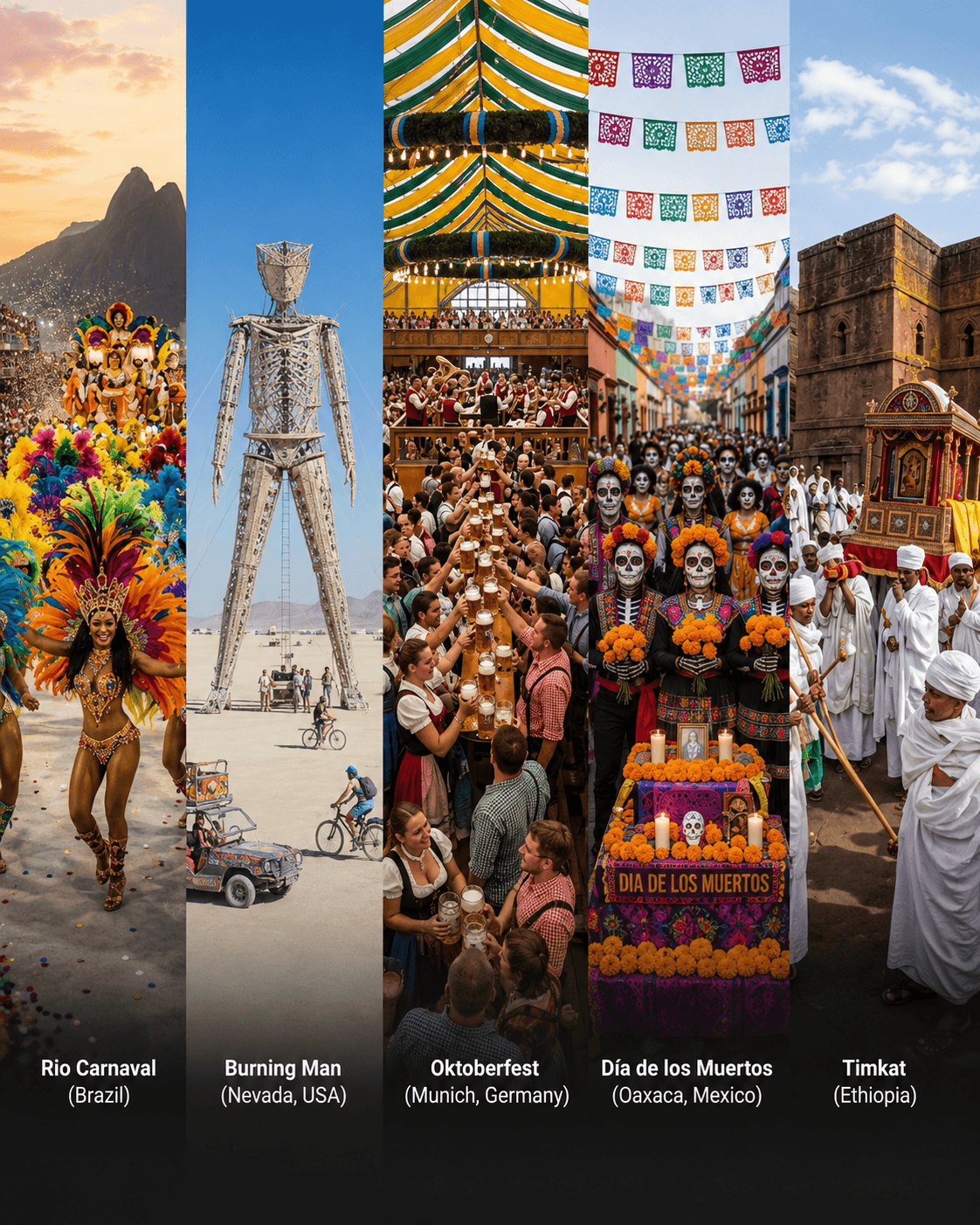 Collage showcasing iconic festivals around the world, including Rio Carnival, Holi, Burning Man, Oktoberfest, and Día de los Muertos, highlighting the best global festivals to experience in 2026.