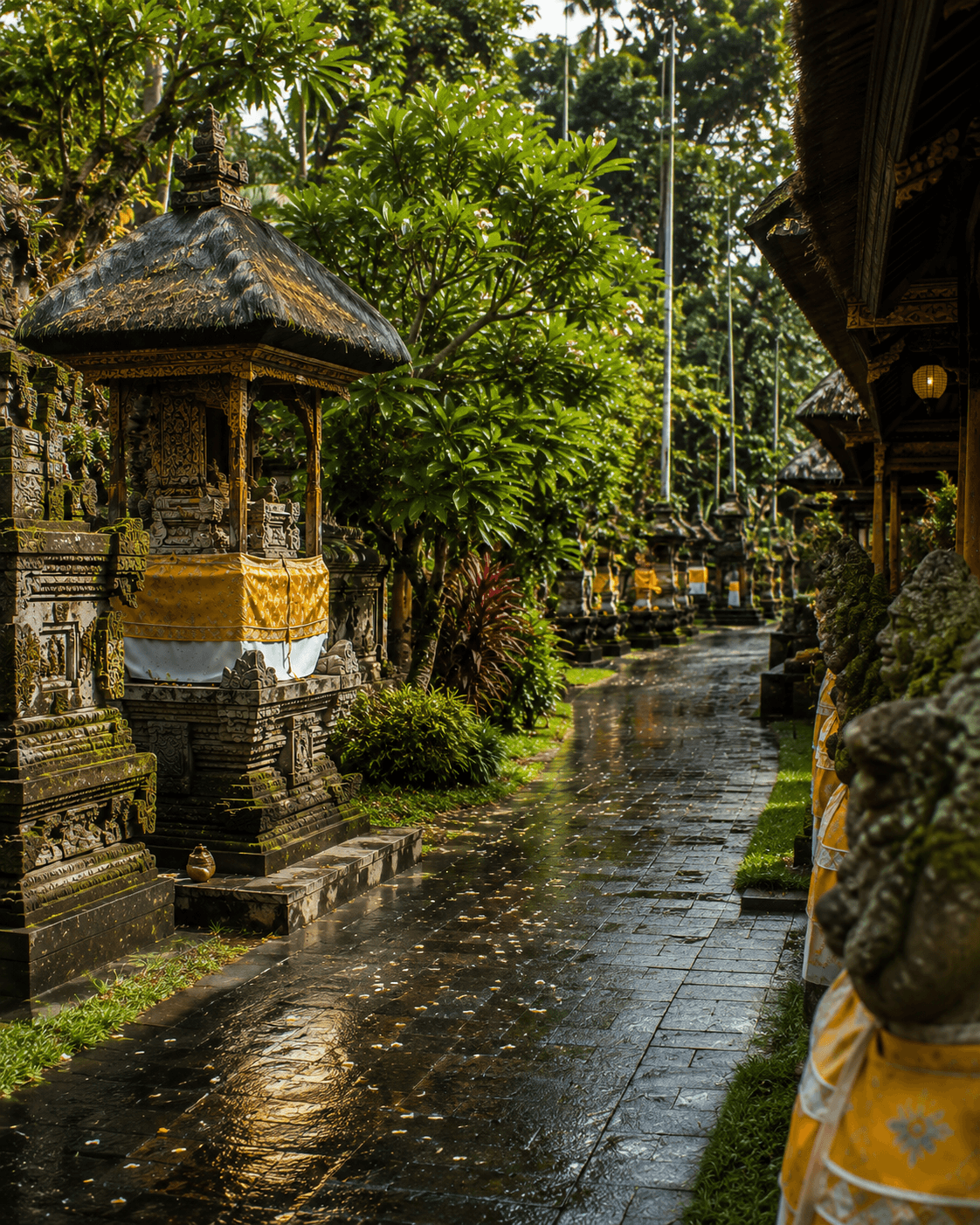Panoramic daytime view of a Thai temple complex with vibrant orange and red tiled roofs, ornate golden details, towering golden chedis, white walls, lush trees, and Bangkok’s modern skyline beneath a bright blue sky.