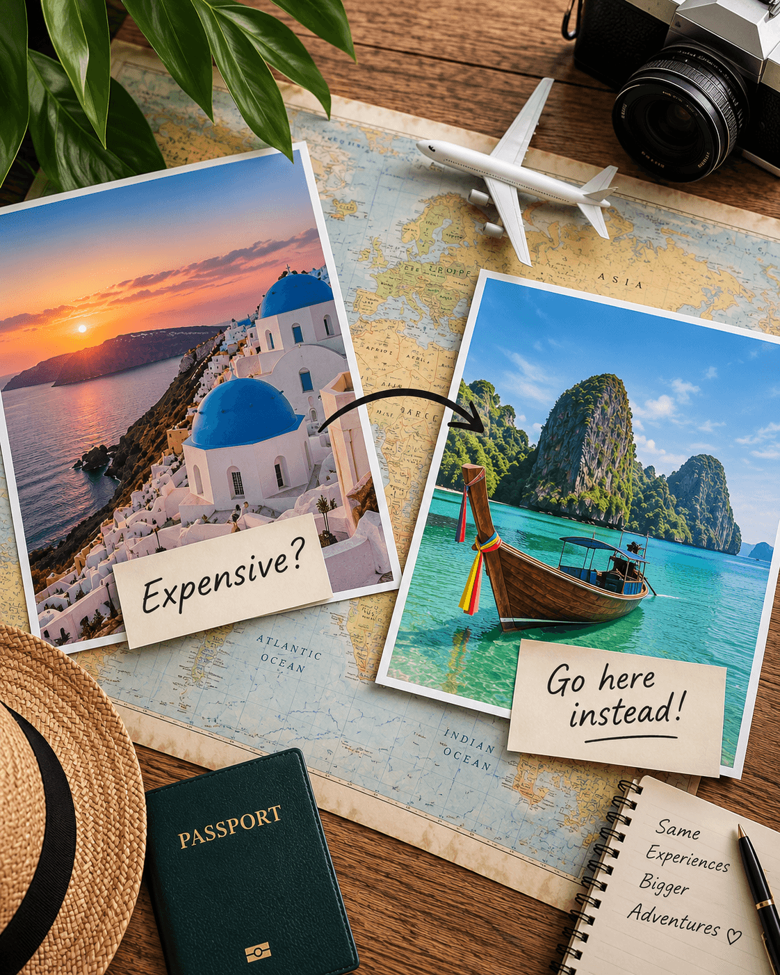 Travel destination dupe concept comparing an expensive Santorini-style destination with an affordable tropical alternative on a world map.