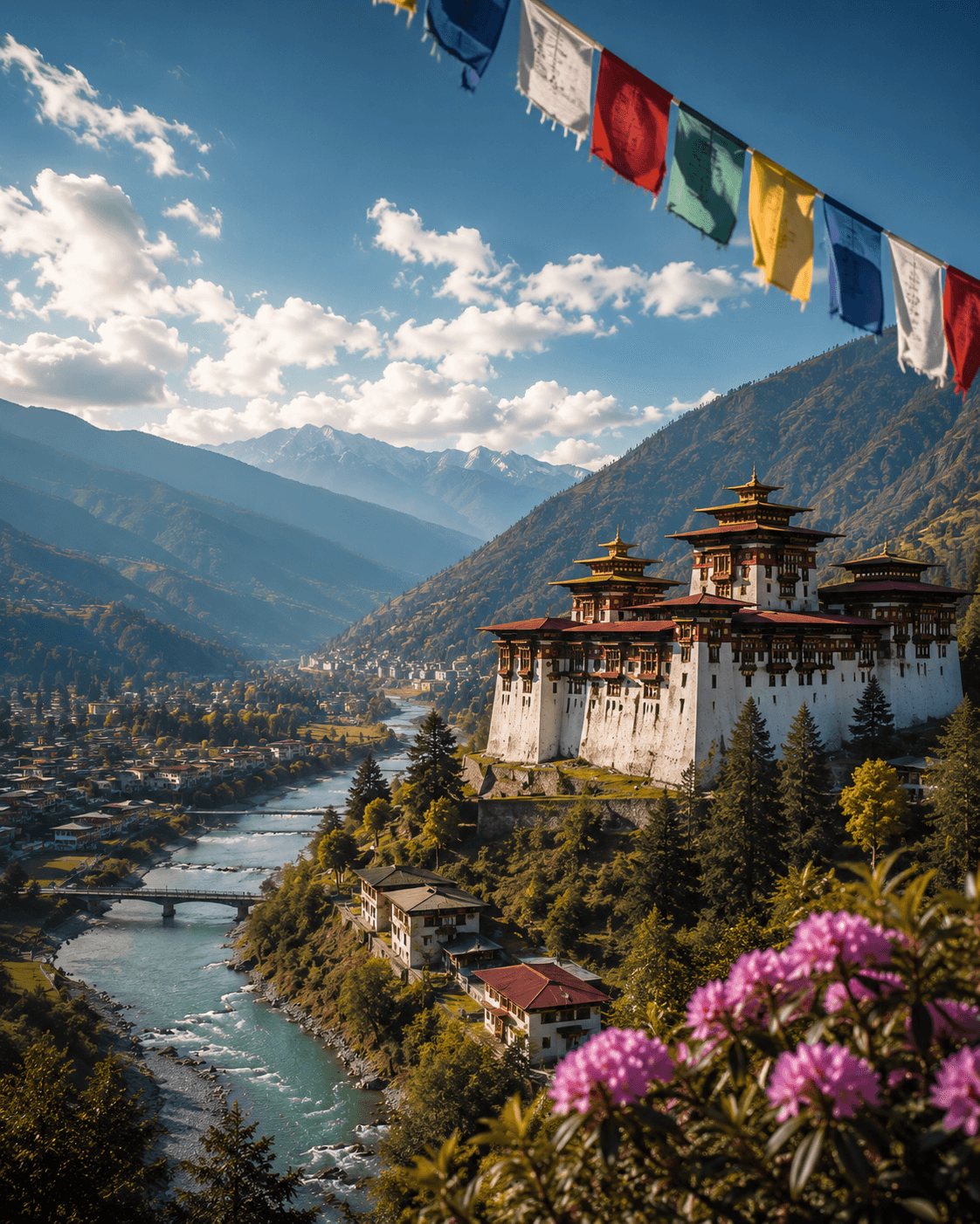 A panoramic view of Bhutan's Himalayan landscape, where centuries-old dzongs, prayer flags, and untouched valleys reflect the country's unique approach to preserving culture, nature, and sustainable tourism.