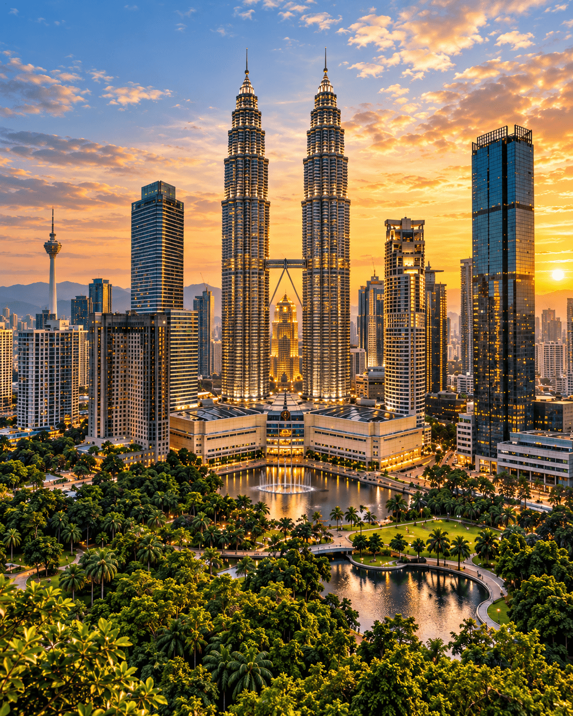 The Petronas Twin Towers in Kuala Lumpur at sunset.