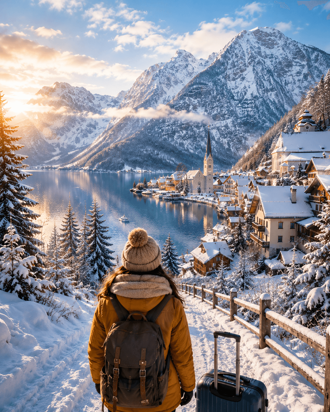 A traveler overlooking a snow-covered alpine village and frozen lake, capturing the magic of winter travel for every budget.