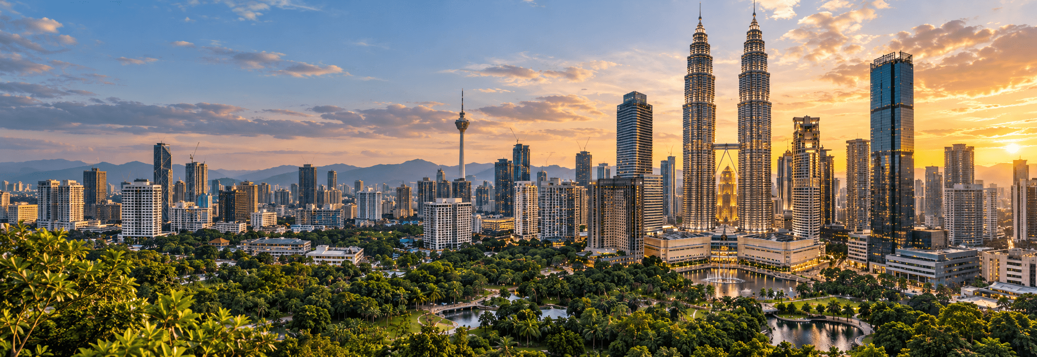 The Petronas Twin Towers in Kuala Lumpur at sunset.