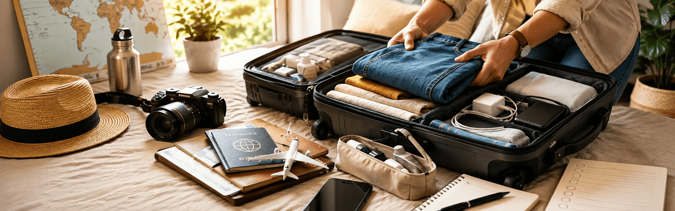 Eye-catching travel packing checklist thumbnail featuring a suitcase, passport, travel essentials, and bold 2026 update text.
