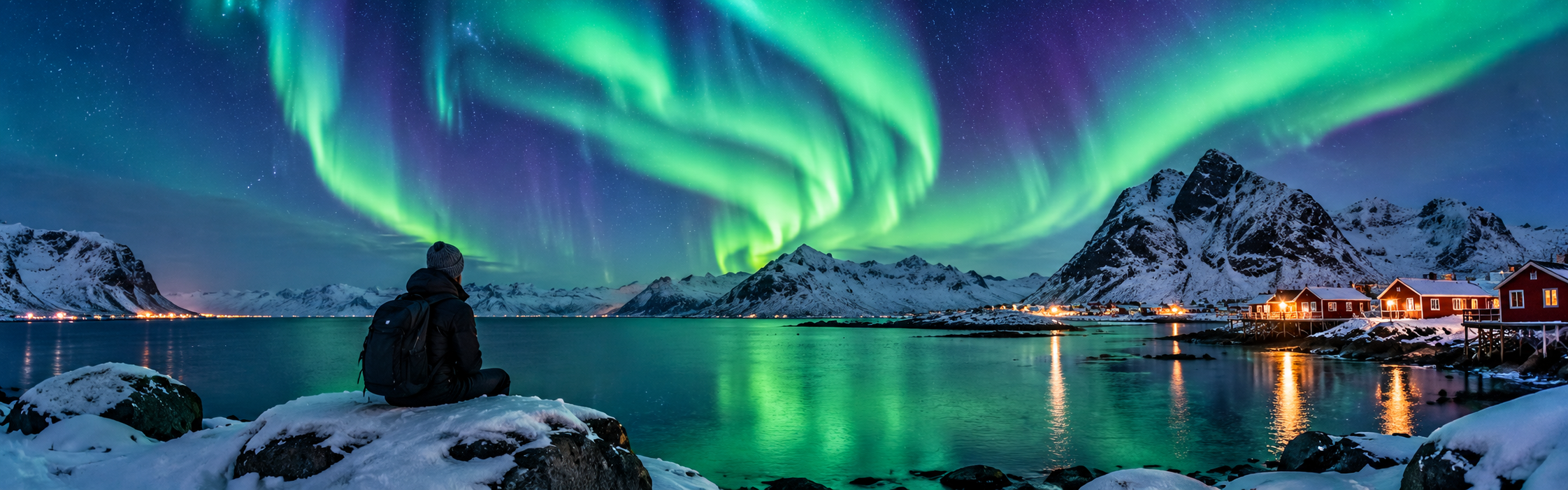 Northern Lights over a snowy Arctic landscape.