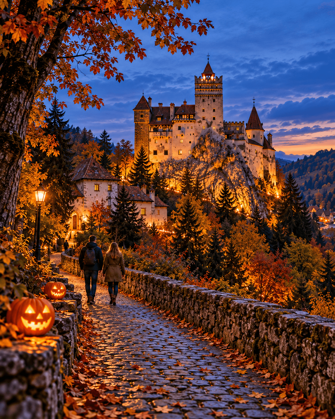 Illuminated castle at dusk, framed by autumn trees, with travellers and glowing Halloween pumpkins beside a stone path.