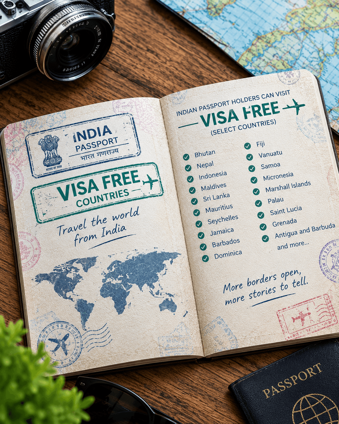 Indian passport placed beside a boarding pass and world map with iconic visa-free destinations, representing countries Indian passport holders can visit without a visa in 2026.