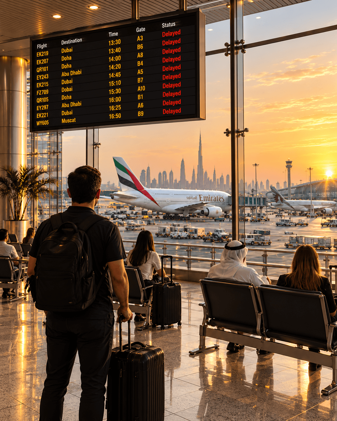 Waiting to take off as flight disruptions reshape journeys through the Gulf.