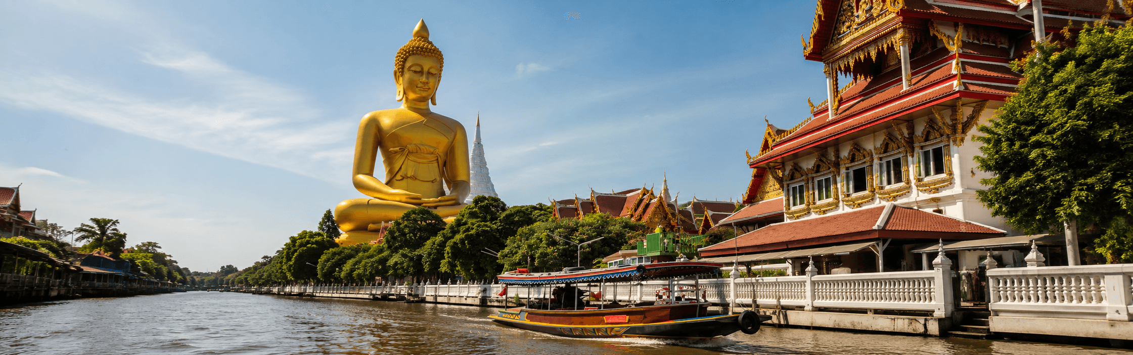 Thailand travel destination collage featuring Bangkok temples at sunset, lush northern mountains, turquoise Andaman waters, limestone cliffs, tropical beaches, longtail boats, and a woman in a white dress and straw hat overlooking the scenery.