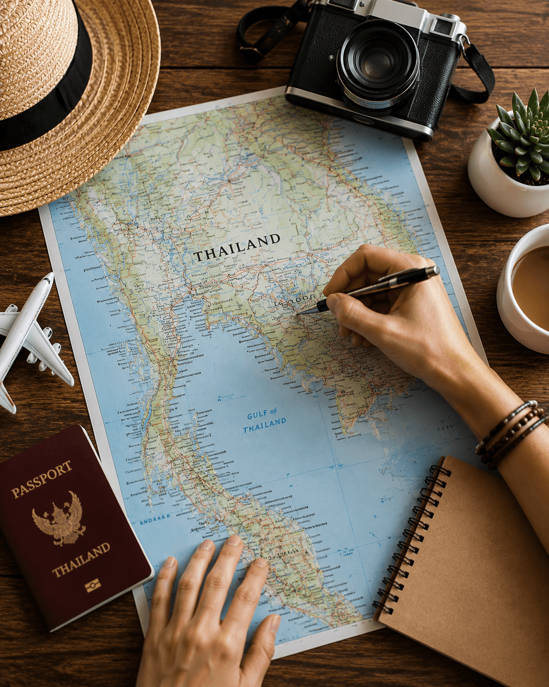 Aerial view of Thailand’s tropical islands with turquoise lagoons, lush green limestone cliffs, white-sand beaches, deep blue sea, and boats leaving wakes beneath a bright blue sky.