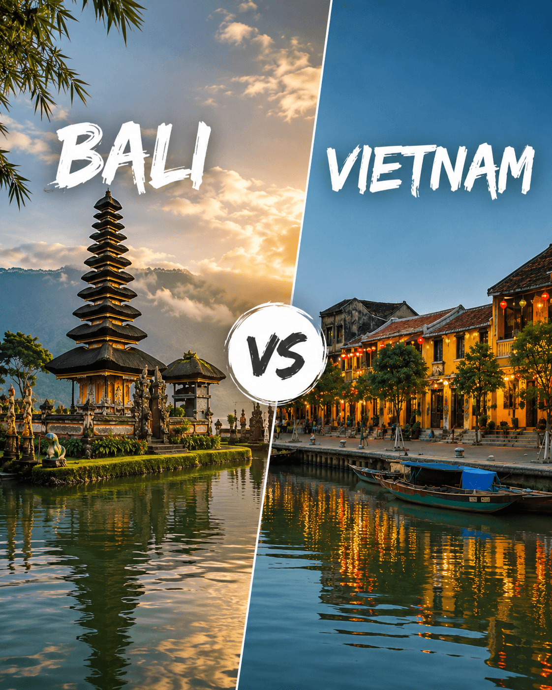 Bali temple gate overlooking a misty mountain beside the turquoise limestone islands of Vietnam