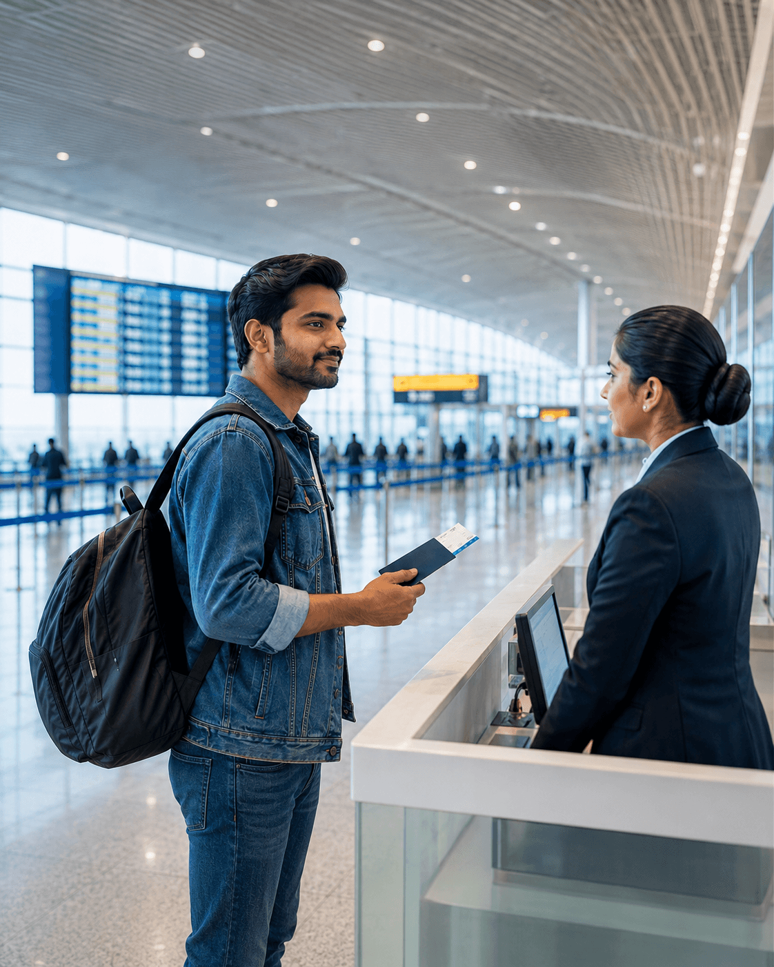 Young Indian traveller presenting his passport and boarding pass to an immigration officer at a modern international airport.