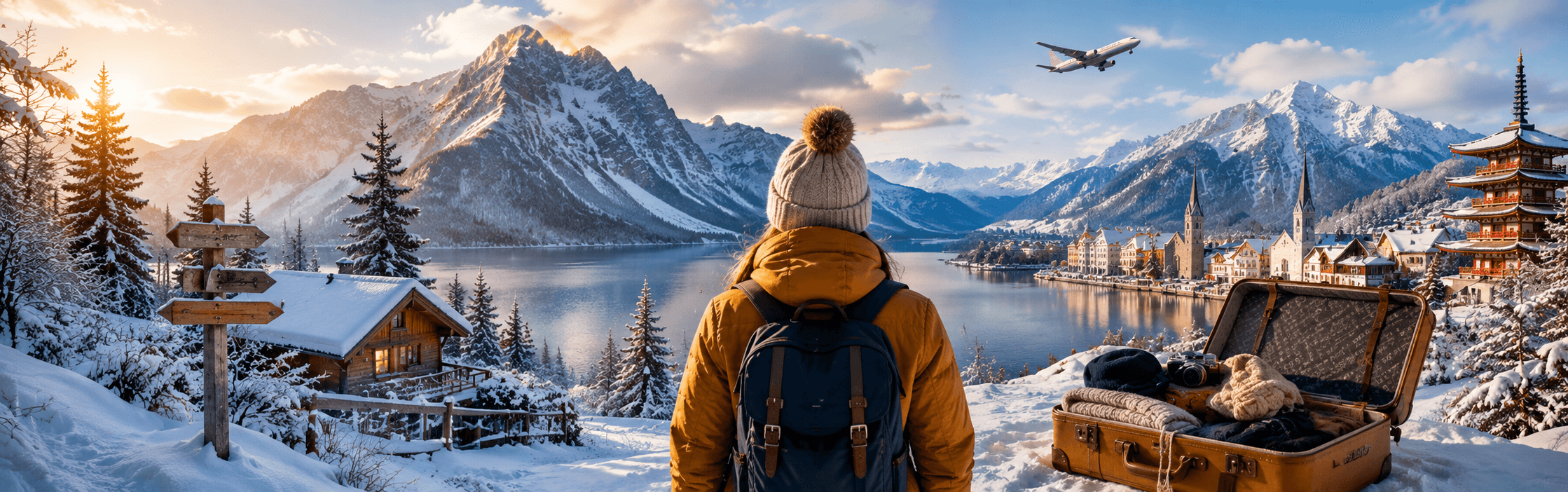 A traveler overlooking a snow-covered alpine village and frozen lake, capturing the magic of winter travel for every budget.