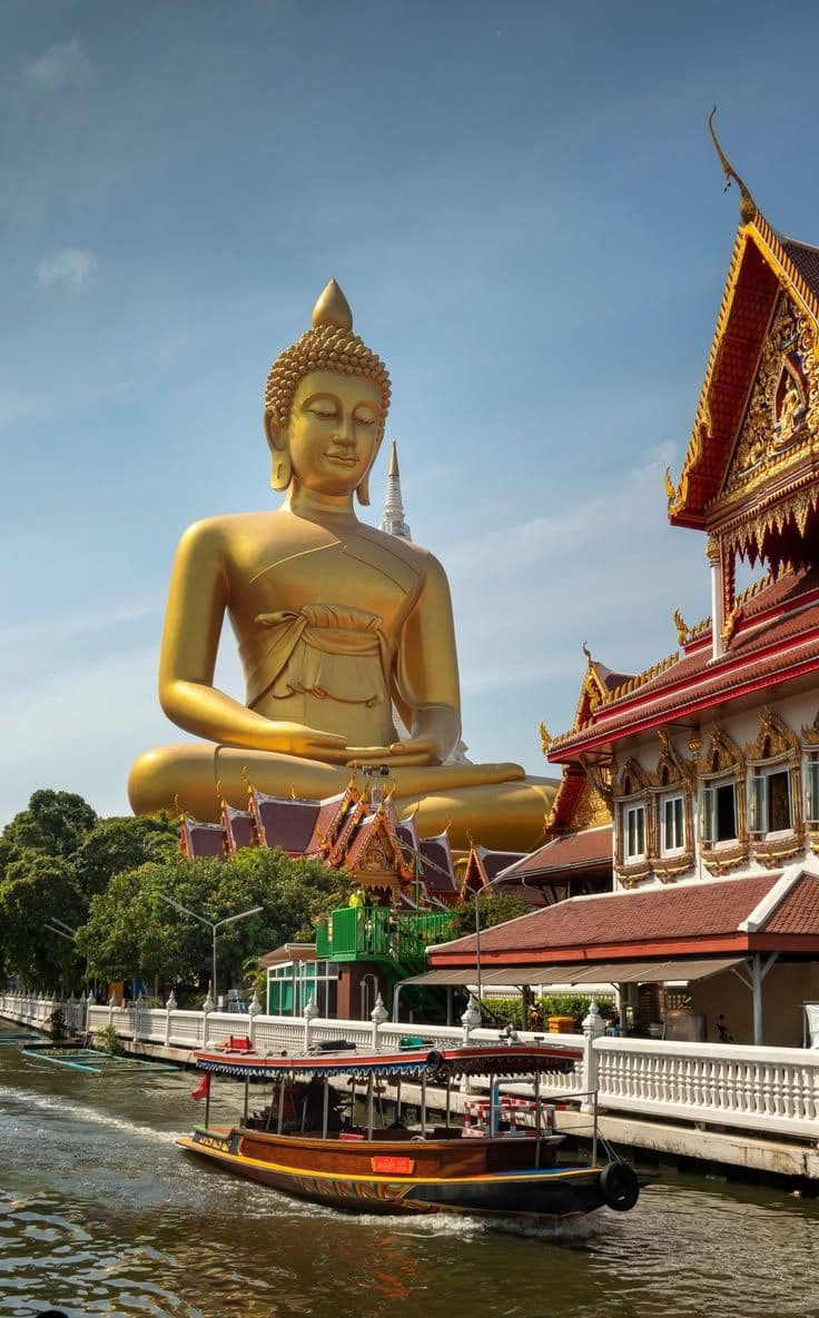 Thailand travel destination collage featuring Bangkok temples at sunset, lush northern mountains, turquoise Andaman waters, limestone cliffs, tropical beaches, longtail boats, and a woman in a white dress and straw hat overlooking the scenery.