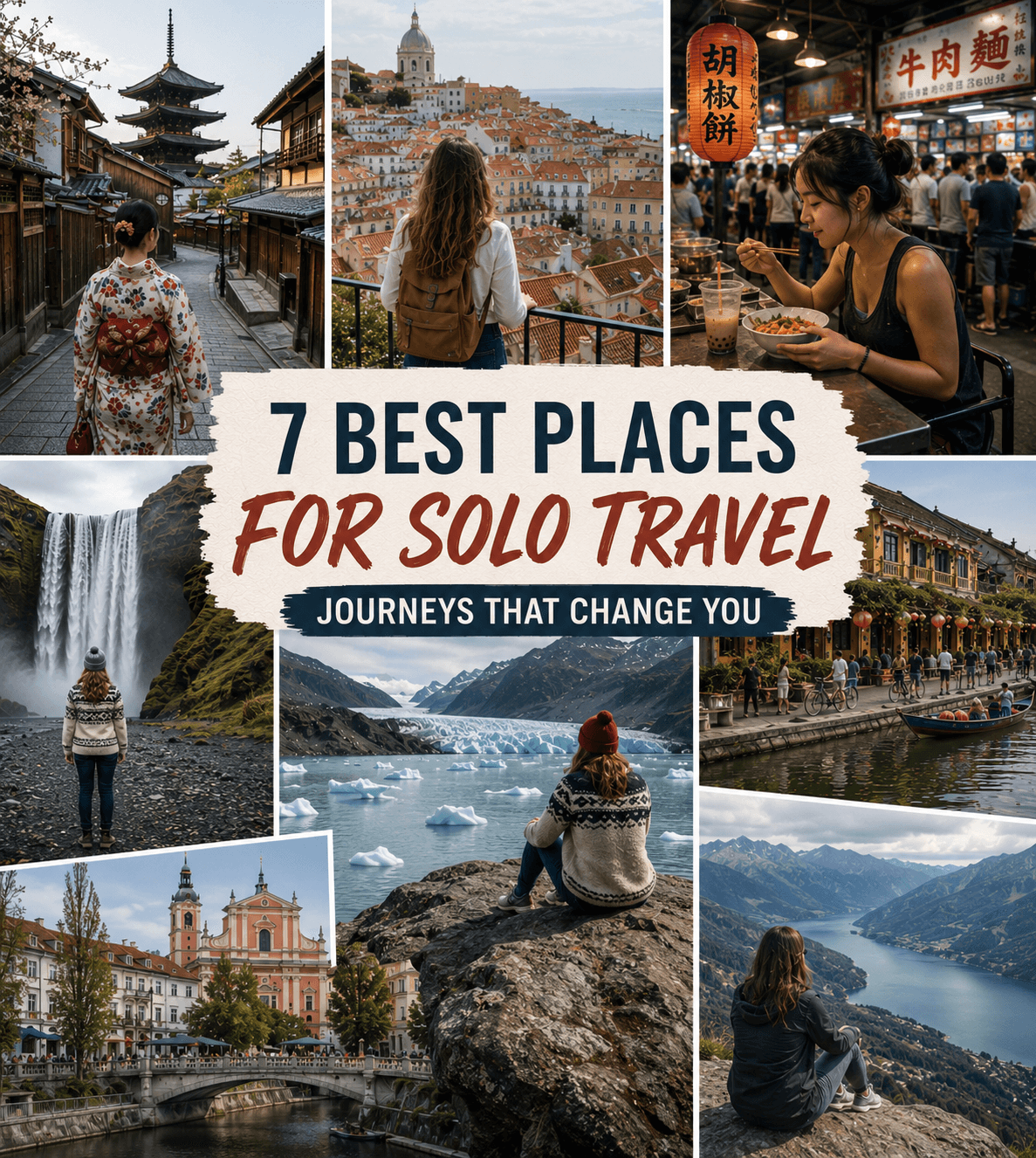 A lone backpacker stands on a rocky viewpoint overlooking a collage of iconic travel destinations, including Japanese temples, European cities, Asian night markets, waterfalls, mountains, and coastal landscapes, representing the diversity of solo travel experiences.