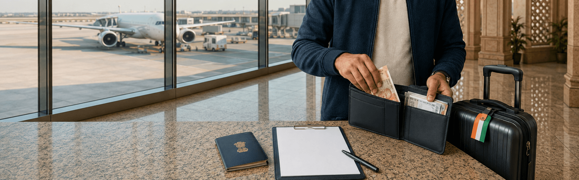 An Indian traveler organizes rupee and foreign banknotes at an airport counter beside a passport, declaration form, carry-on suitcase, and international aircraft.