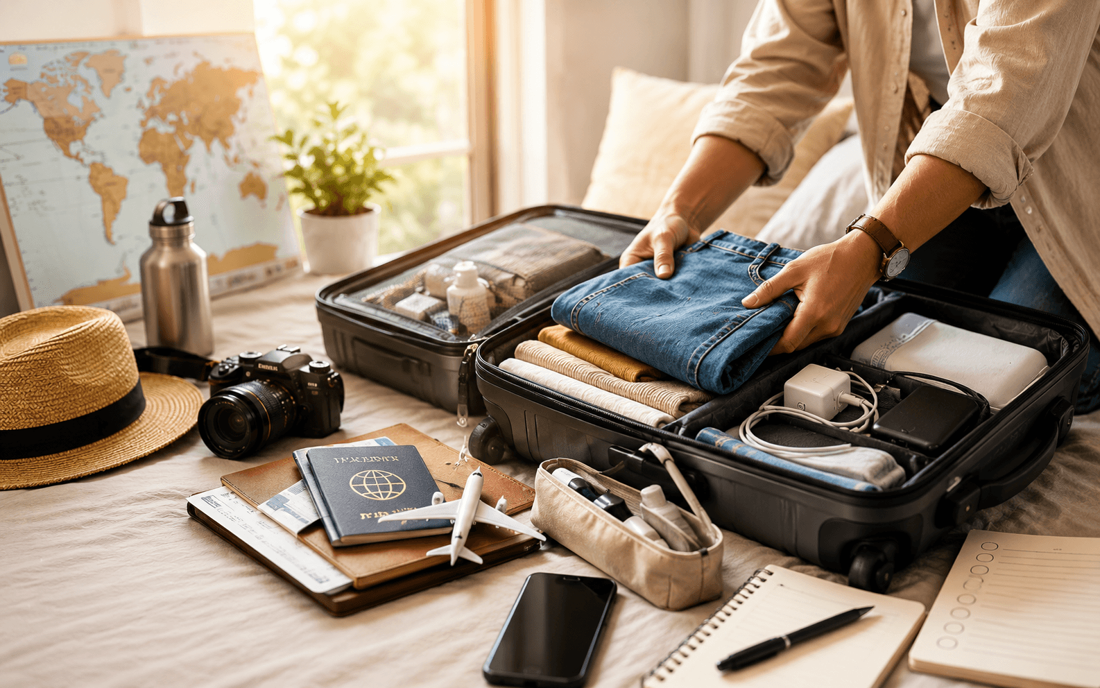 Eye-catching travel packing checklist thumbnail featuring a suitcase, passport, travel essentials, and bold 2026 update text.