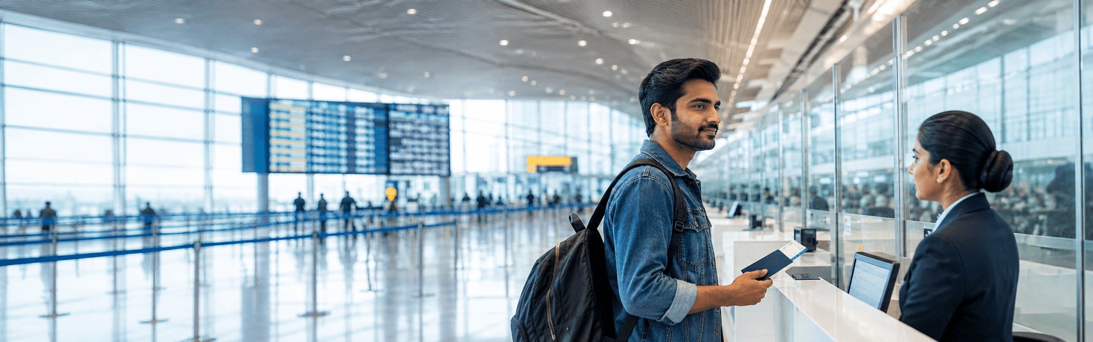 Young Indian traveller presenting his passport and boarding pass to an immigration officer at a modern international airport.
